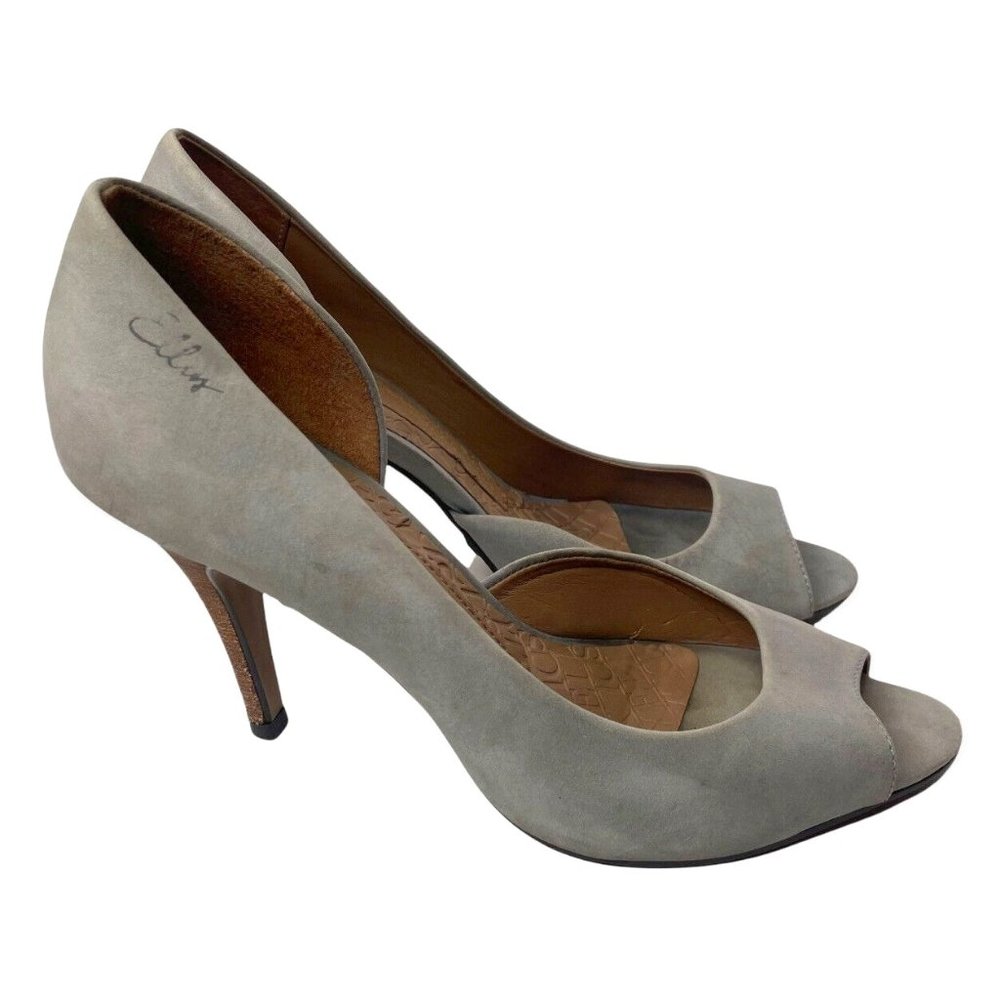 ELLUS Gray Suede Leather Peep Toe Stilleto D'Orsay Heels Size 8 Brown Heel a32